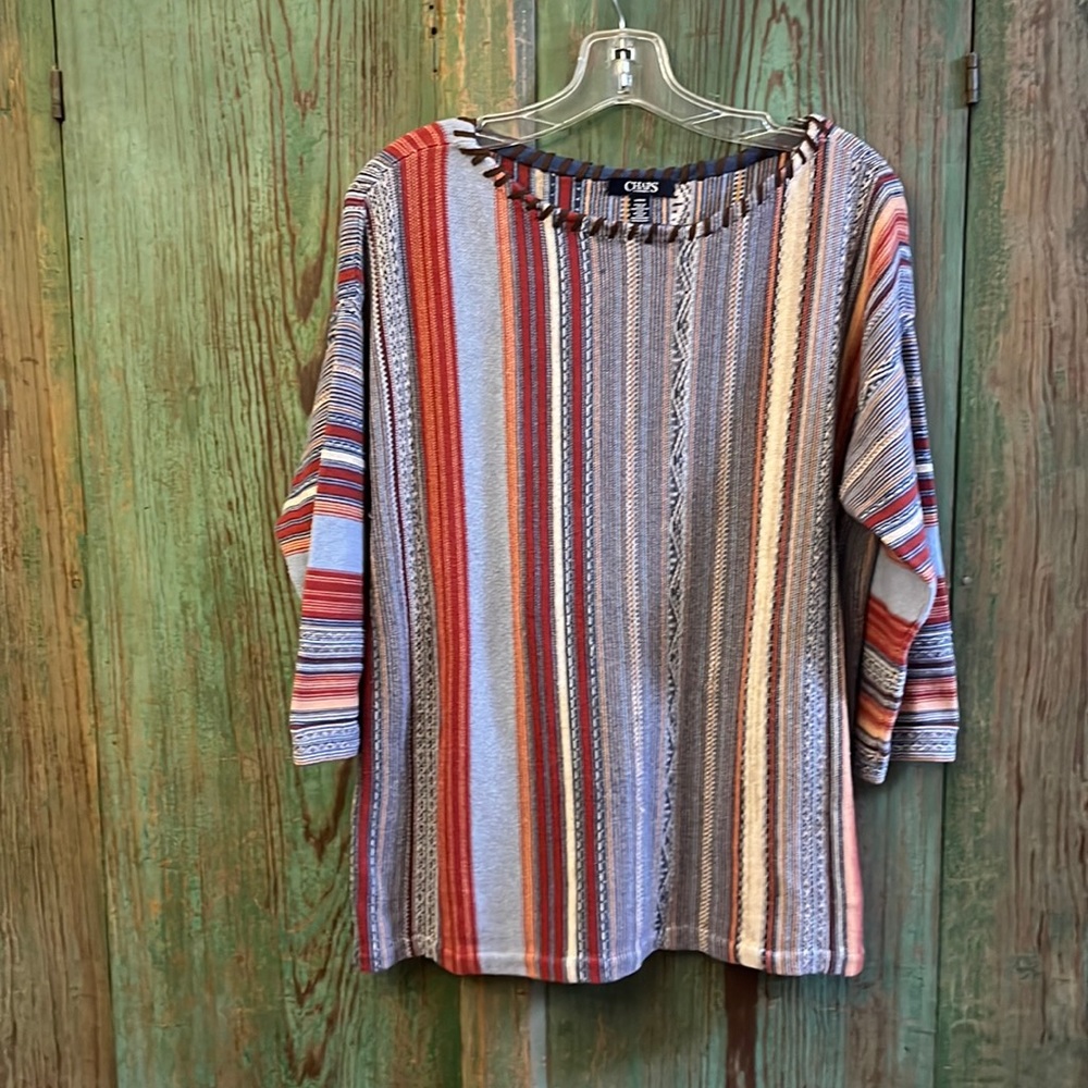 Chaps sweater with vertical stripes in blues, tan and rust size large
